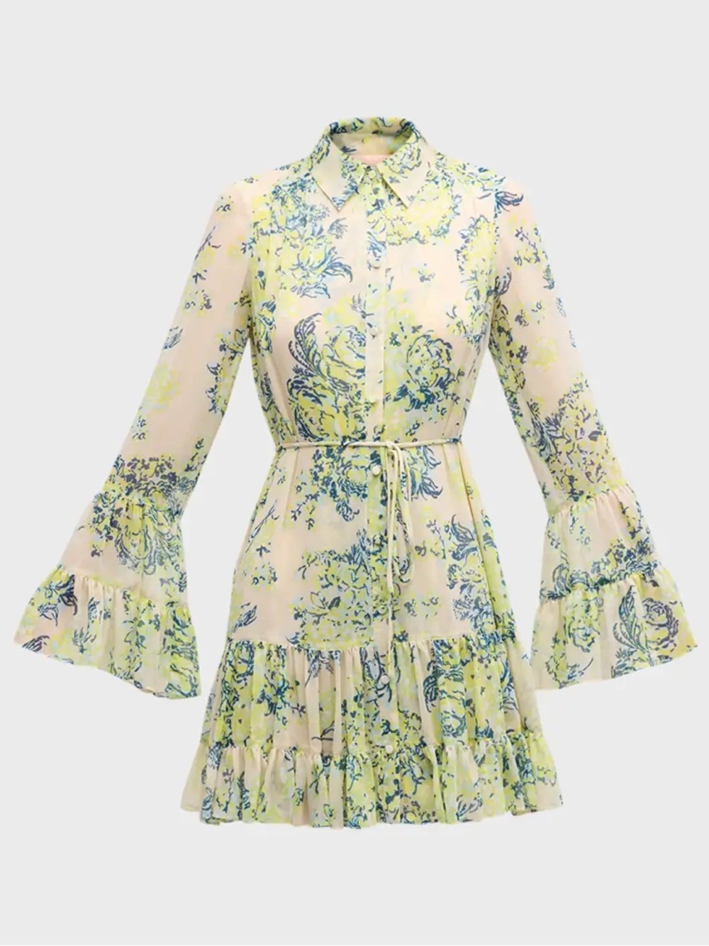 Cinq à Sept Lyra Floral Bell-Sleeve Mini Shirt Dress in Light Plaster Multi.